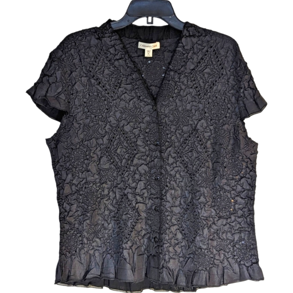 Coldwater Creek Shirt Blouse Black Floral Size PL 14-16 Short Sleeve EUC